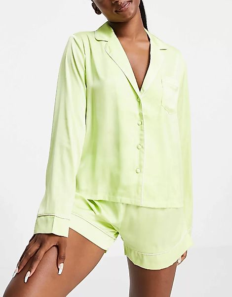ASOS DESIGN ‑ Satinpyjama in Limette mit langärmligem Hemd und Shorts mit P günstig online kaufen