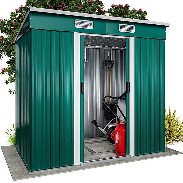 Geräteschuppen Grün 200x125x180cm 2m² Stauraum verzinkt Schiebetür 4 Haken günstig online kaufen
