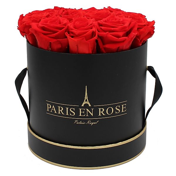 Rosenbox Ø 19 cm Schwarz- Gold mit 14 Roten Rosen günstig online kaufen