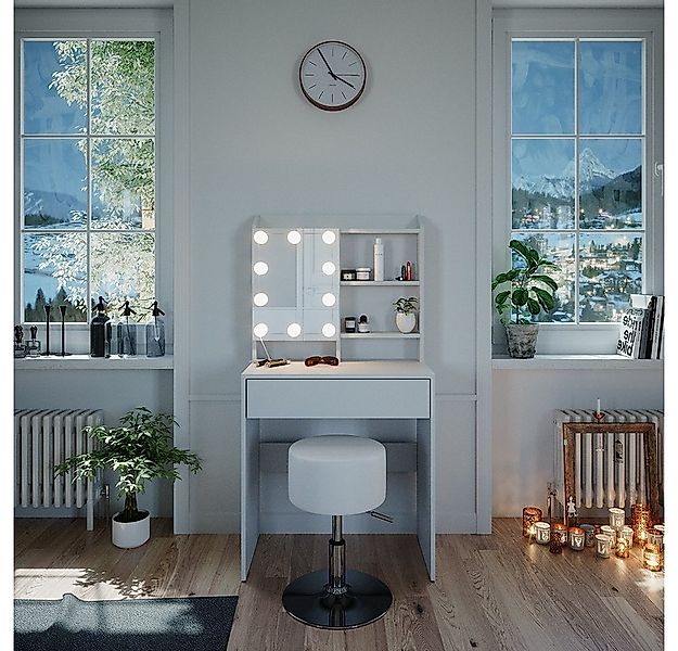 Vicco Schminktisch Laura, Weiß, 70 cm mit LED Beleuchtung und Hocker günstig online kaufen