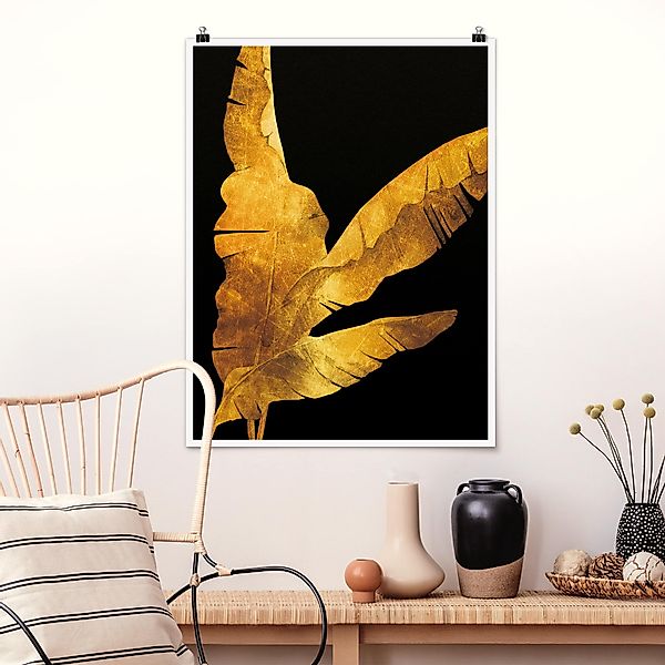 Poster - Hochformat Gold - Bananenpalme auf Schwarz günstig online kaufen