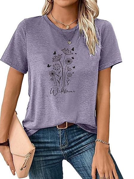 PYL Rundhalsshirt Damen Sommer Kurzarmshirt mit Blumen Ausgefallene Druck t günstig online kaufen