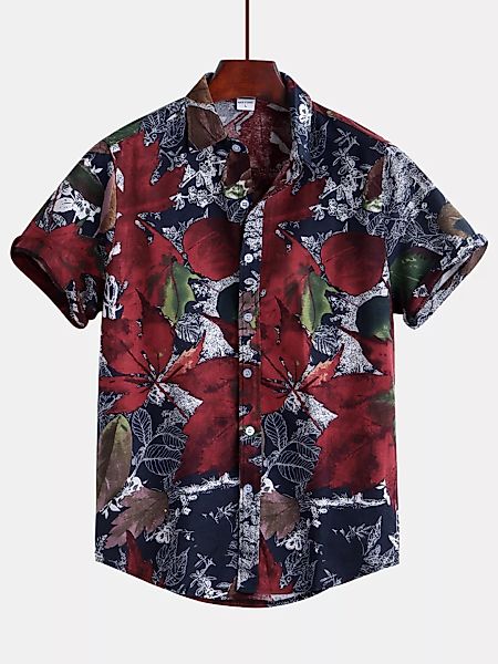 Männer Ethnische Blumendruck Kausal Kurzarm Turn Down Collar Shirt günstig online kaufen