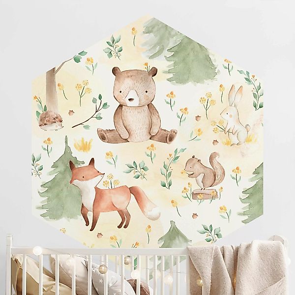 Hexagon Fototapete selbstklebend Fuchs und Bär mit Blumen und Bäumen günstig online kaufen