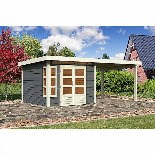 Karibu Holz-Gartenhaus Kastberg Terragrau Flachdach Lackiert 270 cm x 270 c günstig online kaufen