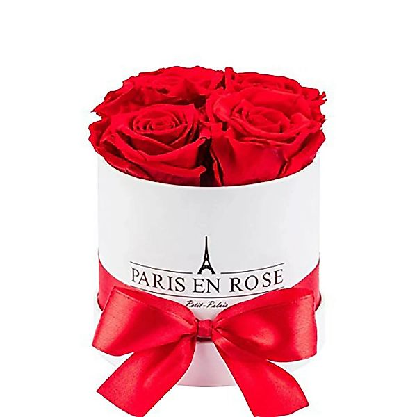 Rosenbox Ø 10 cm Weiß mit Schleife und 4 Roten Rosen günstig online kaufen