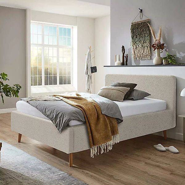 Stoffbett mit Lattenrost in Beige und Eiche inklusive Bettkasten günstig online kaufen
