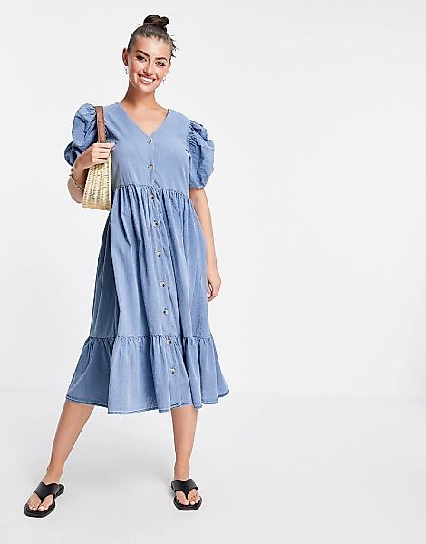 Vero Moda – Midi-Jeanskleid in Blau mit Puffärmeln günstig online kaufen