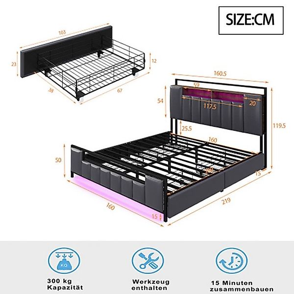 XDOVET Polsterbett Polsterbett,Multifunktionsbett mit LED-Licht, mit USB-St günstig online kaufen