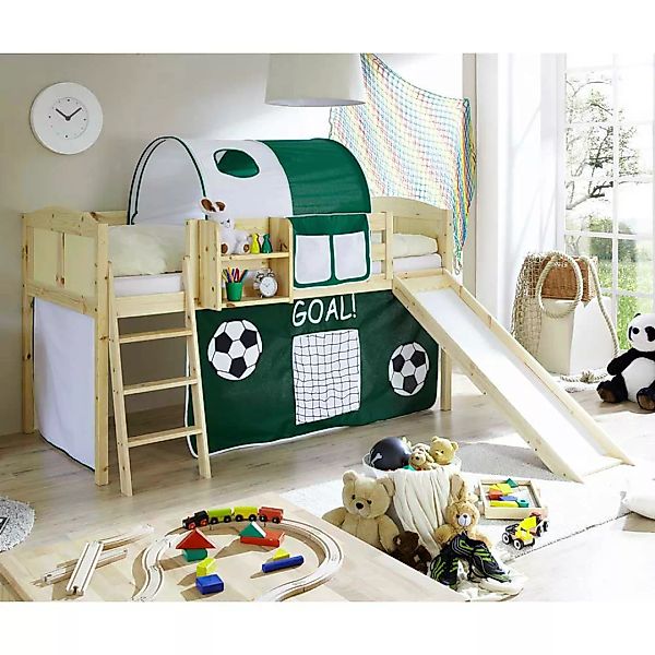 Kinderbett mit Fußball Motiv Kieferfarben Weiß und dunkel Grün günstig online kaufen
