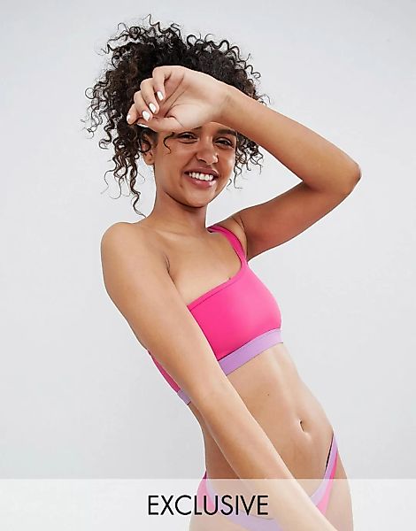 Monki – Bikinioberteil mit One-Shoulder-Träger und Kontrastfarbe-Rosa günstig online kaufen