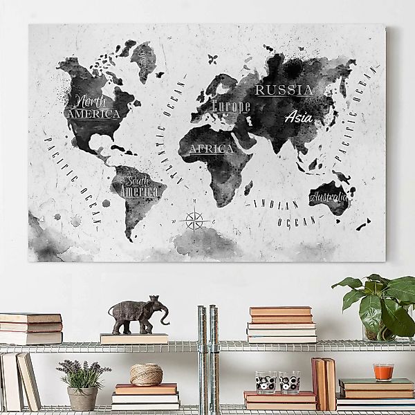 Leinwandbild Weltkarte - Querformat Weltkarte Aquarell schwarz günstig online kaufen