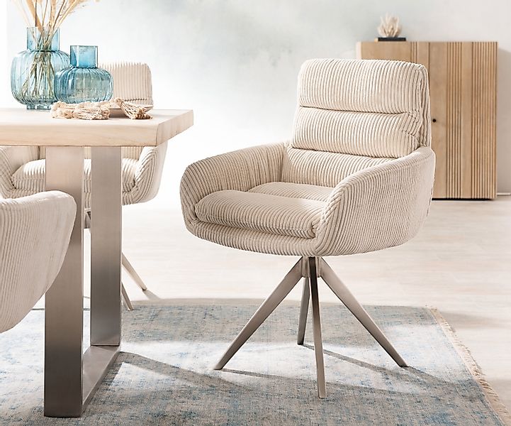 Esszimmerstuhl Abelia-Flex mit Armlehnen Cord Beige Kreuzgestell kantig Ede günstig online kaufen