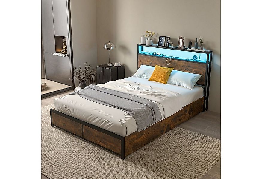 COSTWAY Bettgestell, mit LED Beleuchtung, Ladestation & 4 Schubladen. 140x2 günstig online kaufen