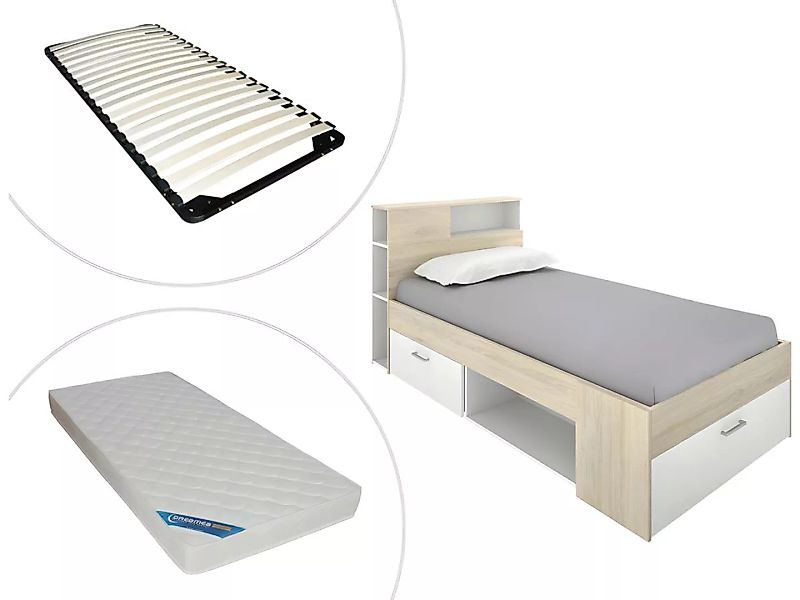 Bett mit Kopfteil, Stauraum & Schublade - 90 x 190 cm + Matratze + Lattenro günstig online kaufen