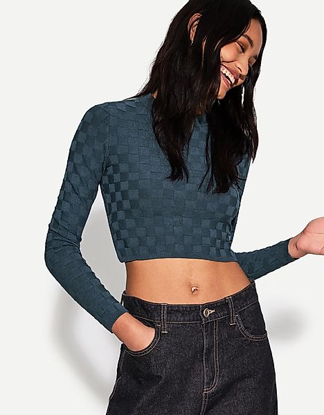 Bershka Karierter Pullover Mit Strukturmuster Damen S Blau günstig online kaufen