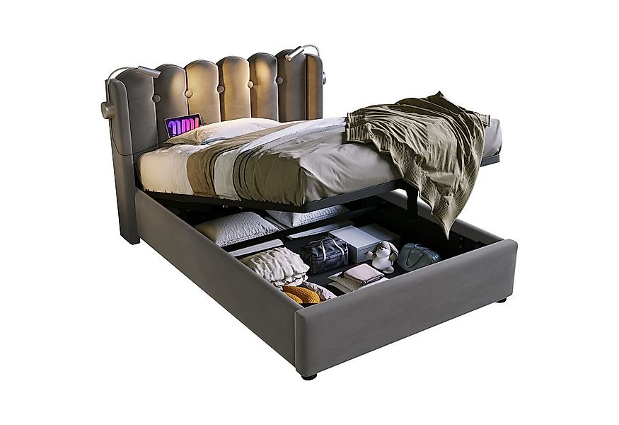 Flieks Polsterbett, Hydraulisches Stauraumbett mit Leselicht und Ladefunkti günstig online kaufen