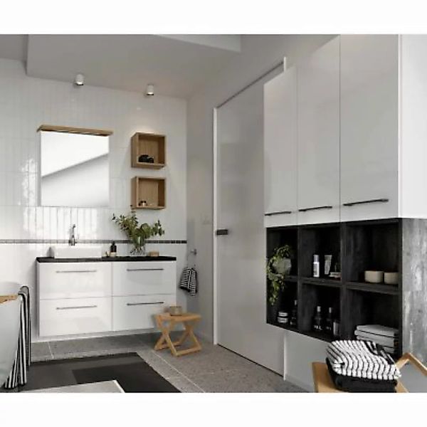 Lomadox Badezimmer Set in weiß Hochglanz mit Metallgriffen in schwarz und B günstig online kaufen