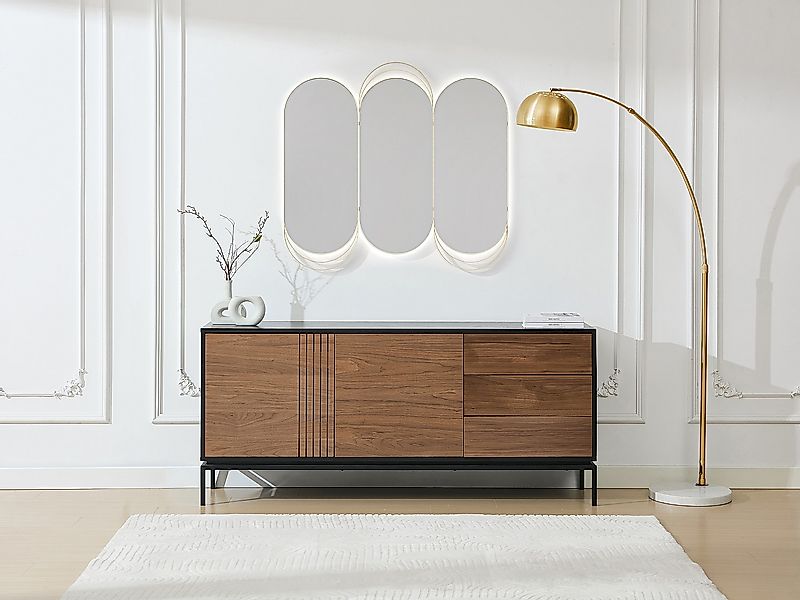 Sideboard mit 2 Türen & 3 Schubladen - Nussbaumfurnier & Metall - Holzfarbe günstig online kaufen