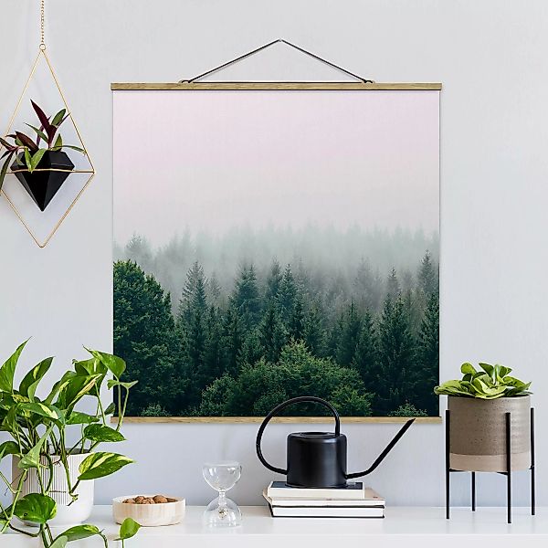 Stoffbild mit Posterleisten Wald im Nebel Dämmerung günstig online kaufen