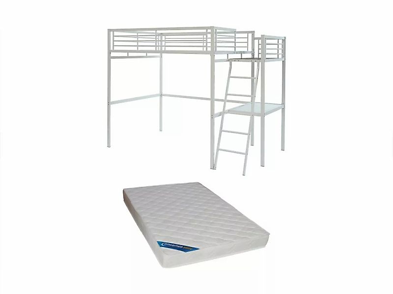 Hochbett mit Schreibtisch + Matratze - 140 x 190 cm - Weiß - CASUAL II günstig online kaufen