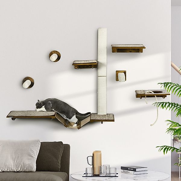 PawHut Katzen-Kletterwand Katzenwandmöbel mit Kratzbäumen, Sitzstangen, günstig online kaufen