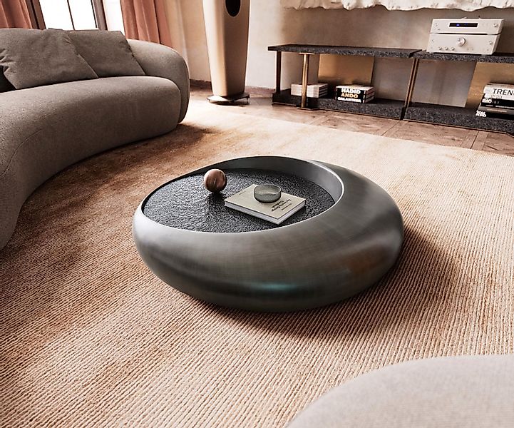 Couchtisch Blaise 100x100 cm Metallic Silber mit Reliefglas Grau günstig online kaufen