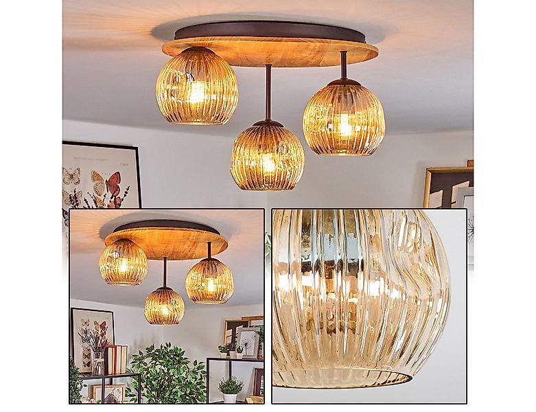 hofstein Deckenleuchte Deckenlampe aus Metall/Holz/Riffelglas in Schwarz/Na günstig online kaufen