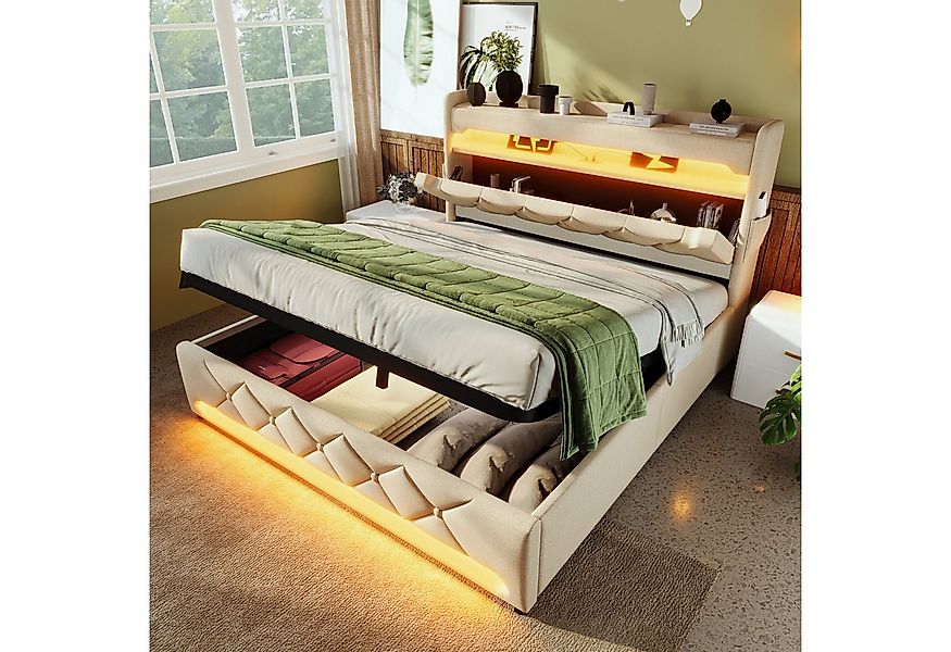 Flieks Polsterbett, Hydraulisches Stauraumbett Doppelbett 180x200cm mit LED günstig online kaufen