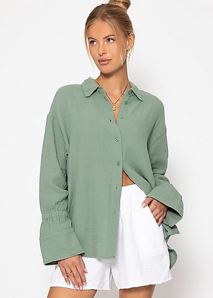 SASSYCLASSY Langarmbluse Musselin Bluse Oversize mit gerafften Manschetten günstig online kaufen