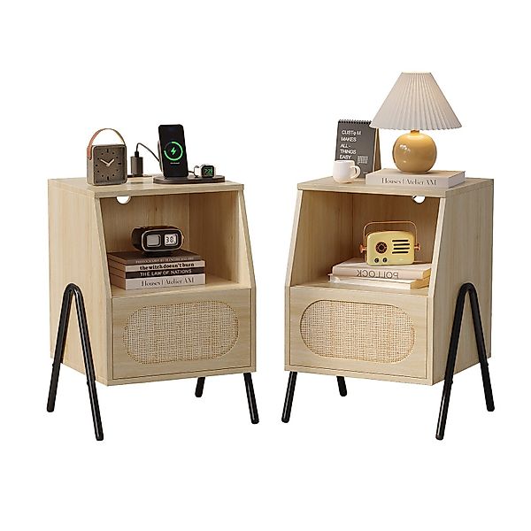 VINGLI Nachttisch mit Ladefunktion, Rattan Beistelltisch günstig online kaufen