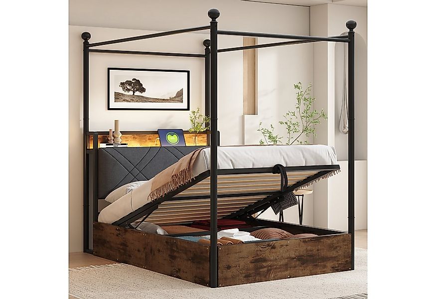 Flieks Himmelbett, Hydraulisches Stauraumbett Metallbett 90x190cm mit LED u günstig online kaufen