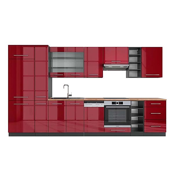 Vicco Fame-Line Küchenzeile Bordeaux Hochglanz/Anthrazit 355 cm AP Eiche günstig online kaufen