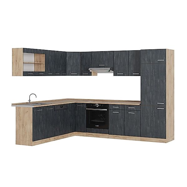 Vicco Winkelküche R-Line, Schwarz Beton/Goldkraft Eiche, günstig online kaufen