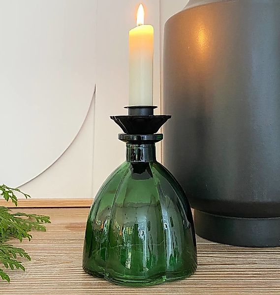 Vase Glas Grün mit Kerzenhalteraufsatz Schwarz Flaschenaufsatz Vintage Deko günstig online kaufen