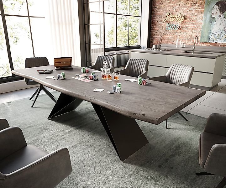 Esstisch Edge 260x100 Akazie Platin V-Gestell Flachstahl Schwarz Live-Edge günstig online kaufen