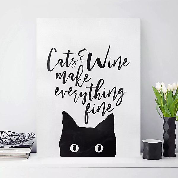 Leinwandbild Schwarz-Weiß - Hochformat Cats and Wine make everything fine günstig online kaufen
