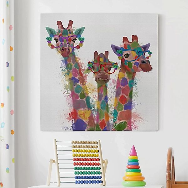 Leinwandbild Kinderzimmer - Quadrat Regenbogen Splash Giraffen-Trio günstig online kaufen