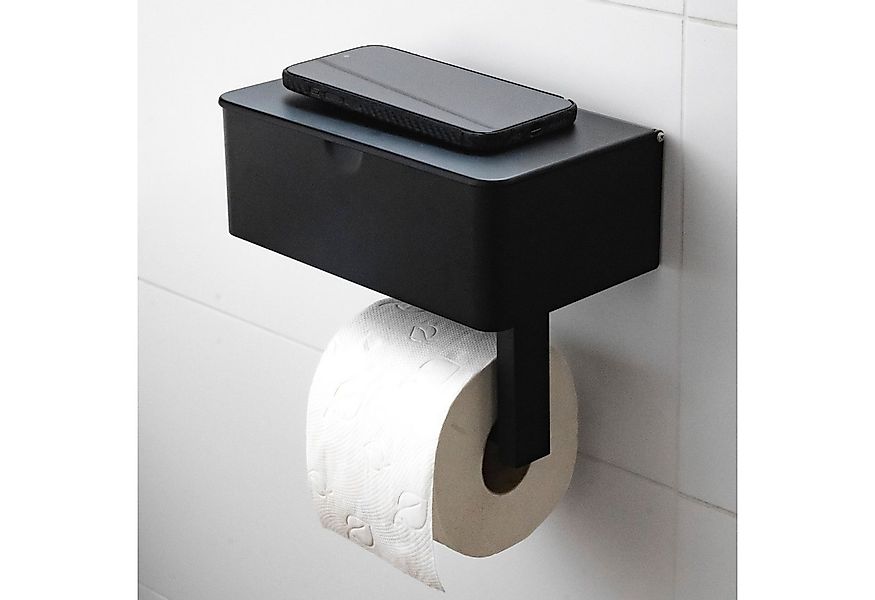 ELMOWO Toilettenpapierhalter ohne Bohren mit Fach und Ablage schwarz aus Ed günstig online kaufen