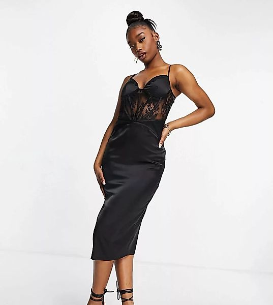 Missguided – Midaxi-Kleid aus Satin mit Spitzeneinsatz in Schwarz günstig online kaufen