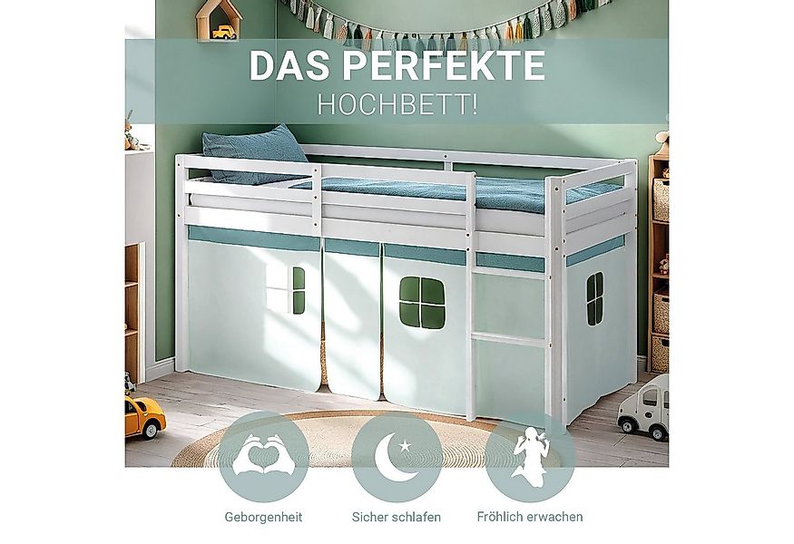 Homestyle4u Hochbett 90x200 Stockbett Vorhang Kinderbett Holz Kiefer Weiß G günstig online kaufen