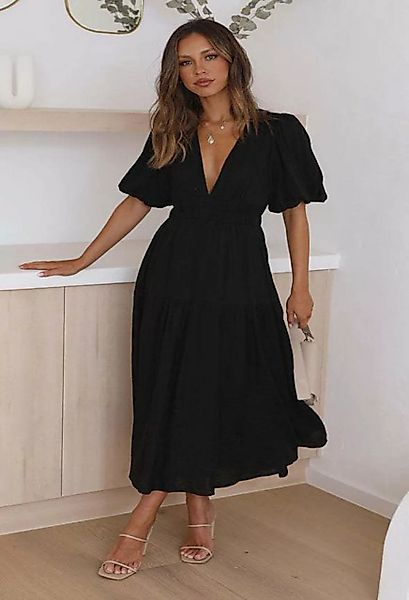SEGUEN Sommerkleid Sommer Solide Farbe V-Ausschnitt Bubble Sleeve Kleid (Sc günstig online kaufen