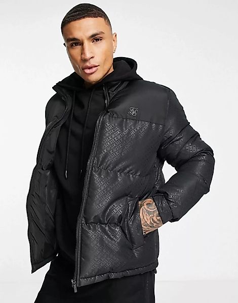 SikSilk – Wattierte Jacke in Schwarz mit Print günstig online kaufen