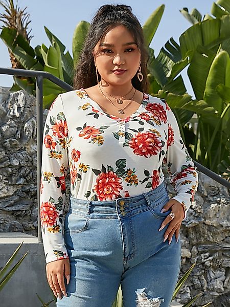 YOINS Plus Größe V-Ausschnitt Blumendruck Knopfdesign Lange Ärmel T-Shirt günstig online kaufen