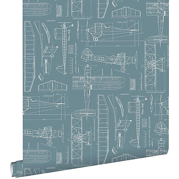 ESTAhome Tapete Kontruktionszeichnungen von Flugzeugen Vintage Dunkelblau 5 günstig online kaufen