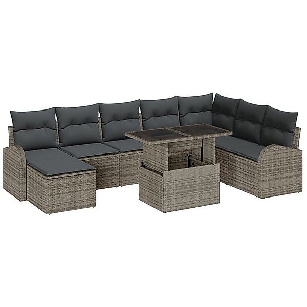 vidaXL Loungesofa 9-tlg. Garten-Sofagarnitur mit Kissen Grau Poly Rattan, 9 günstig online kaufen