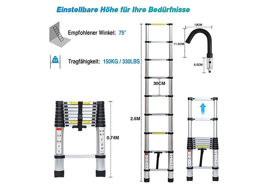 Clanmacy Teleskopleiter Teleskopleiter Alu 2.6m Ausziehleiter Anlegeleiter günstig online kaufen