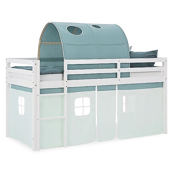 Homestyle4u Kinder Hochbett 90x200 mit Tunnel Vorhang Grün Kinderbett 2931 günstig online kaufen
