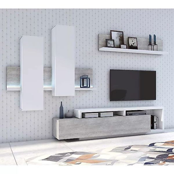 Wohnzimmerwand modern in Beton Grau und Weiß LED Beleuchtung (dreiteilig) günstig online kaufen