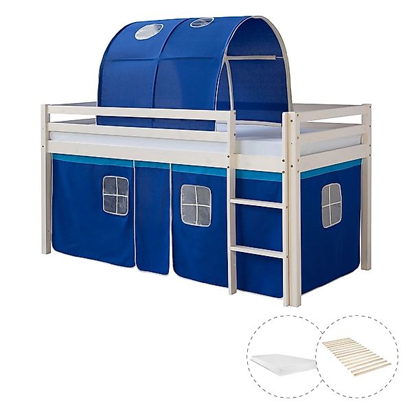 Homestyle4u Hochbett 90x200 mit Vorhang Lattenrost Matratze Tunnel in Weiß günstig online kaufen